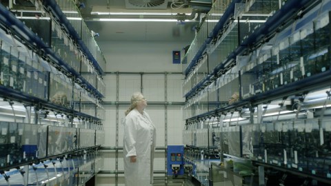 Professor Becker stands in a corridor with fish tanks 