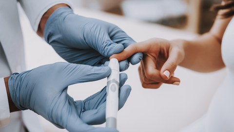 For a blood test, a finger tip is pricked.