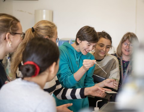 Junge Frauen stehen im Halbkreis und tropfen mit einer Pipette auf einen Objektträger
