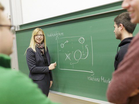 Man sieht eine Dozentin vor einer Tafel, die Studierenden eine Abbildung erklärt.