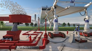 computeranimation eines brückenbaus mit futuristischer Maschine, die Steinplatten anhebt.