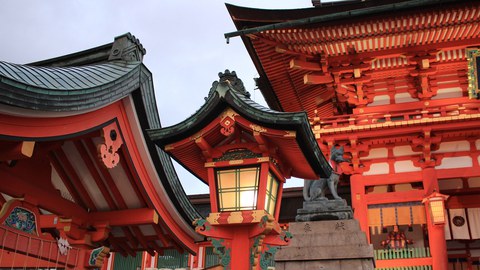 lantern and temple roofs in red-lacquered wood