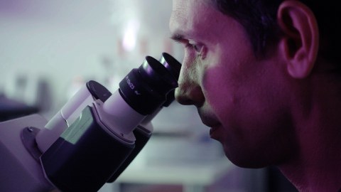 Close-up of Professor Campàs looking into a microscope
