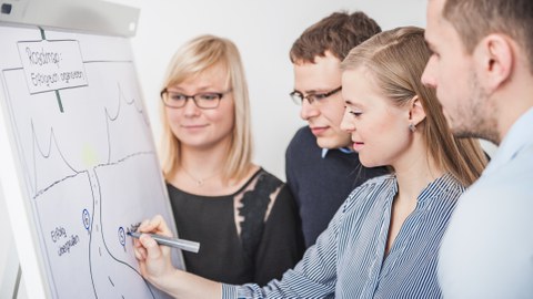 Studierende arbeiten an Flipchart