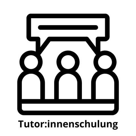 Auf der Grafik sind 3 Personen zu sehen, die durch eine Sprechblase verbunden sind. Die Bildunterschrift ist "Tutor:innenschulung".