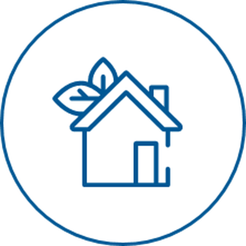 A drawing of a house with leaves on the right side of the roof