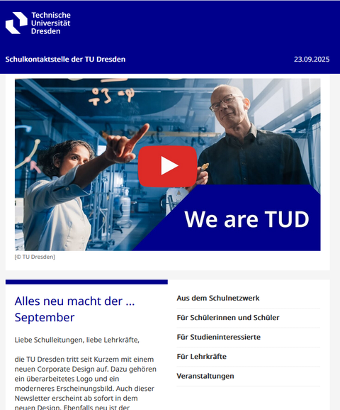 Das Titelbild des Schulnewsletter der TU Dresden vom 23.09.2025. Die Überschrift des Newsletters ist "Alles neu macht der September"