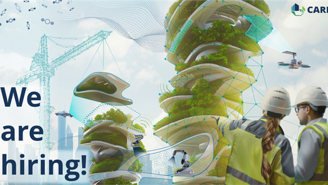 Begrünte Organische Türme mit Menschen mit Bauhelm im Vordergrund, Drohnen sind im Himmel sichtbar