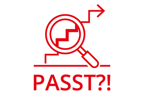 PASST?!-logo showing stairs that are magnified by a loupe