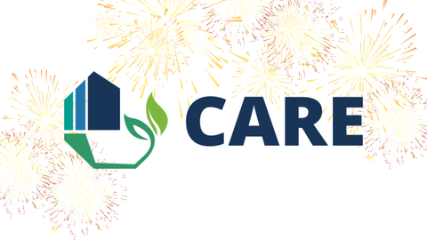 CARE-Logo mit Feuerwerk im Hintergrund