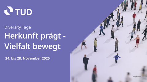 Graphic by TU Dresden for Diversity Days 2025 with the motto ‘Origin shapes – diversity moves’, 24–28 November 2025. People walking in different directions against a light background.