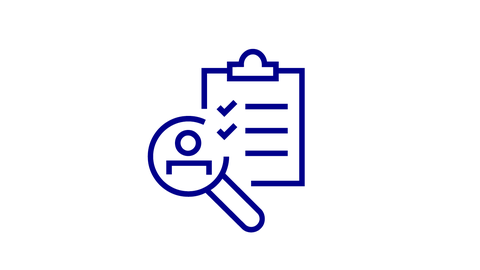 Icon mit Klemmbrett, auf dem eine Checkliste angedeutet ist, und Lupe mit Person