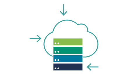 Icon of the research topic RA4-1 Data Acquisition, Integration, and Representation – represented by a server tower in the colors of RA1, RA2, RA3, and RA5, with a cloud in the background and input arrows in the color of RA4.