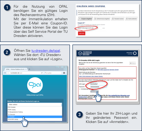 Grafik: Anleitung Login Lernplattform OPAL (Langbeschreibung im Text)