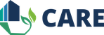 Logo CARE: Haus aus dessem Fundamentein Ast mit zwei Blättern wächst und die Aufschrift CARE