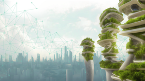 Das Bild zeigt eine futuristische Stadt mit organisch geformten und stark begrünten Häusern. Über den Himmel und die Stadt erstreckt sich eine Netzwerk.