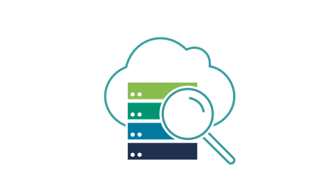 Icon of the research topic RA4-2 Data Analysis – represented by a server tower in the colors of RA1, RA2, RA3, and RA5, with a cloud in the background and a magnifying glass in the foreground in the color of RA4