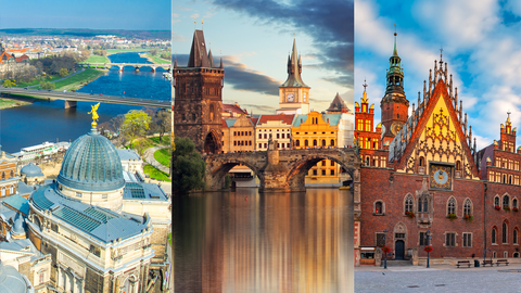 a collage with landmarks of Dresden, Wroclaw and Prague