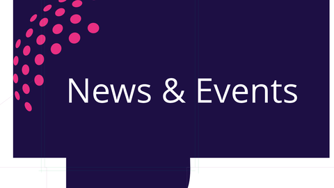 Text "News & Events" in weißer Schrift in blauer stilisierter Sprechblase