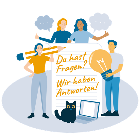 Vier Personen mit verschiedenen Symbolen (einem Bleistift, einer Glühbirne und Gesprächsblasen) sowie eine Katze mit einem Laptop stehen um ein menschengroßes Blatt Papier, auf dem geschrieben steht: "Du hast Fragen? Wir haben Antworten!"