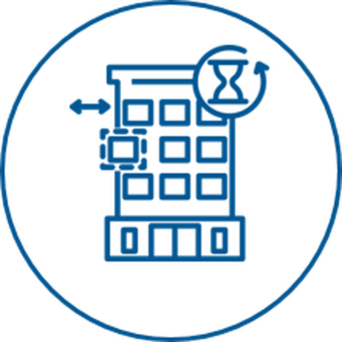 Drawing of a building with an hourglass in the top right corner in the foreground