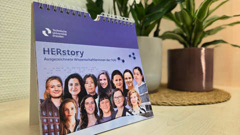 Desk calendar titled “HERstory” from TUD featuring outstanding women scientists. Green indoor plants are placed in the background on a wooden shelf.
