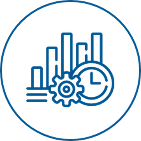 a bar chart with a clock and a cogwheel in the foreground