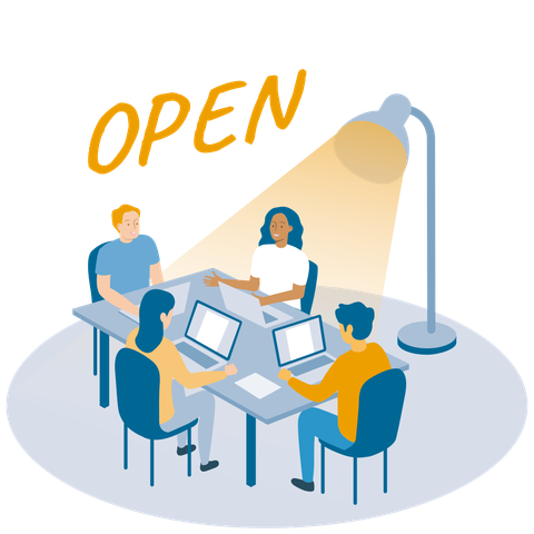 Vier Personen sitzen mit ihren Laptops an einem Tisch, im Hintergrund beleuchtet sie eine Stehlampe. Über ihnen schwebt das Wort "OPEN".