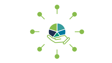Icon of the research topic RA5-3 Human-centered Sustainability Factors – represented by a circle made of 5 segments in the colors of RA1, RA2, RA3, and RA5, carried by a hand in RA5-color, surrounded by symbolized stakeholder