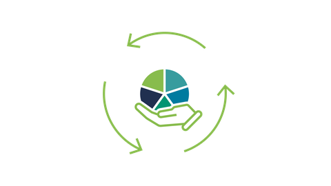 Icon of the research topic RA5-2 Circularity and Resource Nexus – represented by a circle made of 5 segments in the colors of RA1, RA2, RA3, and RA5, carried by a hand in RA5-color, surrounded by circular arrows