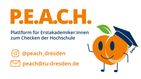 Logo of P.E.A.C.H., a platform for first-generation academics. On the right is a smiling peach figure wearing a doctoral cap, and on the left are contact details: Instagram @peach_dresden and email peach@tu-dresden.de.