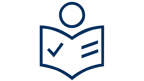 Icon zeigt einen Kopf und darunter ein Heft mit Linine und einem Haken