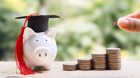 Photo of a piggy bank wearing a doctoral cap. Next to the piggy bank, you can see piles of coins and a hand holding a coin.