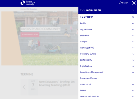 Screenshot of the navigation in the main menu item TU Dresden