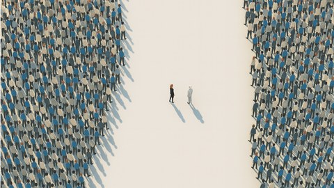 Luftaufnahme zwei größerer Menschengruppen, die sich gegenüberstehen. auf der leeren Fläche zwischen ihnen stehen sich ein mann und eine frau gegenüber.