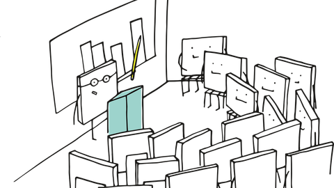 Illustration: Dozierender steht vor einer Gruppe im Halbkreis Sitzender Figuren und zeigt auf ein Diagramm. Alle Figuren haben die Form eines Quadrats mit Armen und Beinen, Gesichter im Quadrat.